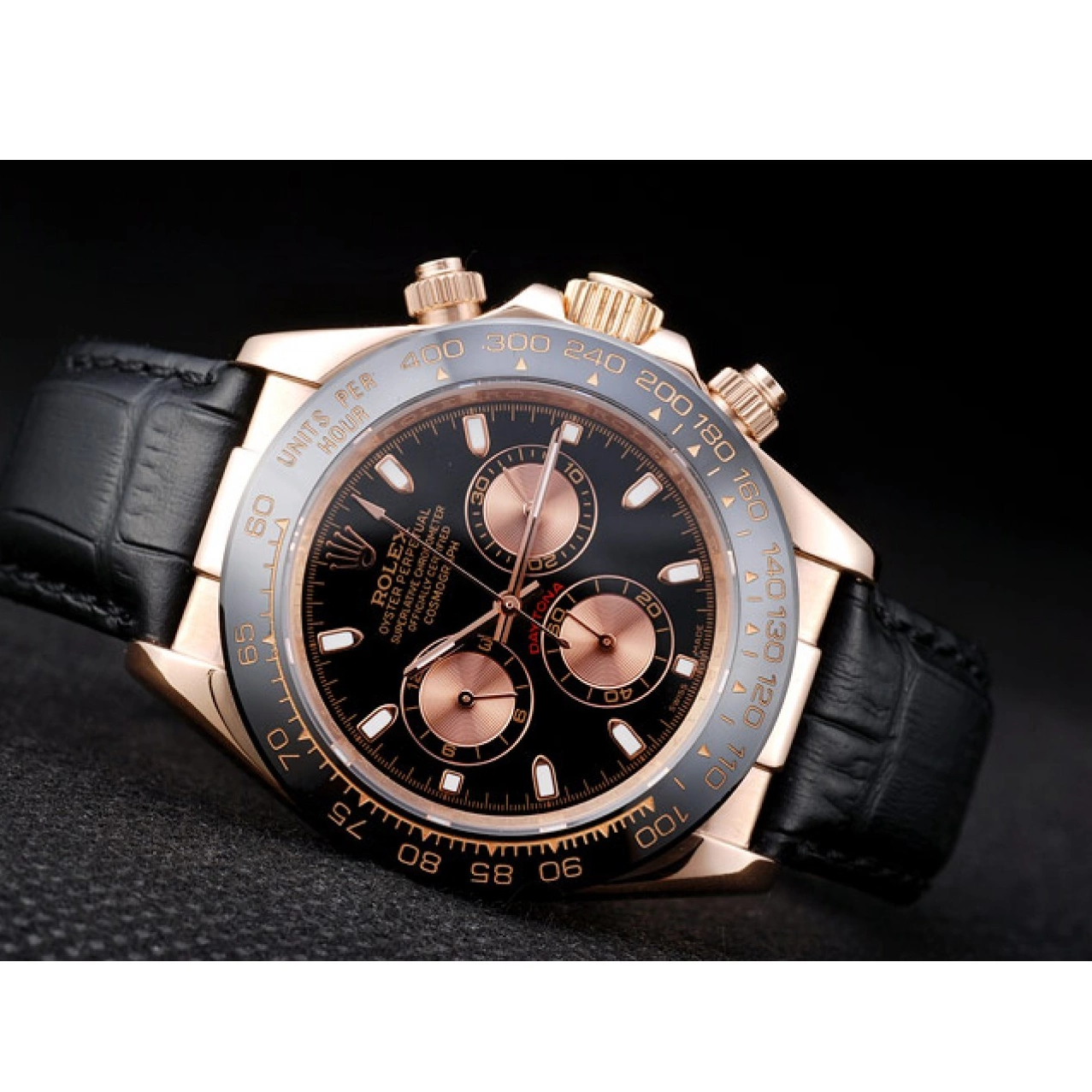 AAA Replica Watches Dial Daytona Black Gold Black Case Leather Rose Strap Rolex 0817